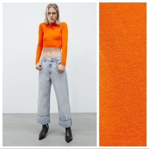 NWT. Zara Orange Ruched Shoulders Knit High Collar Sweater. Size S.